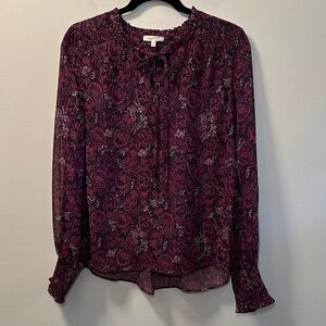 Mystree Women’s Burgundy Floral Sheer Long Sleeve Tie Neck Blouse Sz L